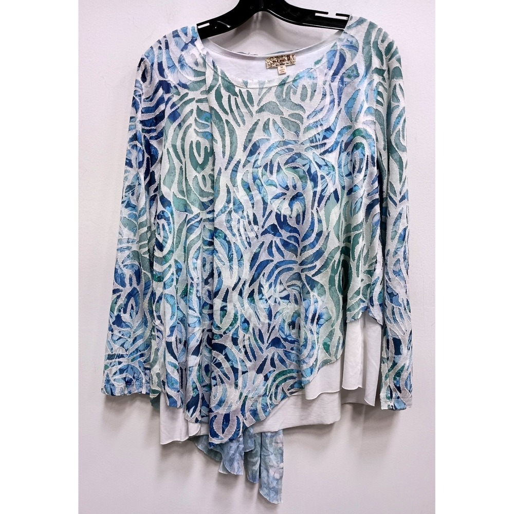 One World BOHO Tunic‎ Top Womens Medium Blue Floral Burnout Long Sleeve Layered